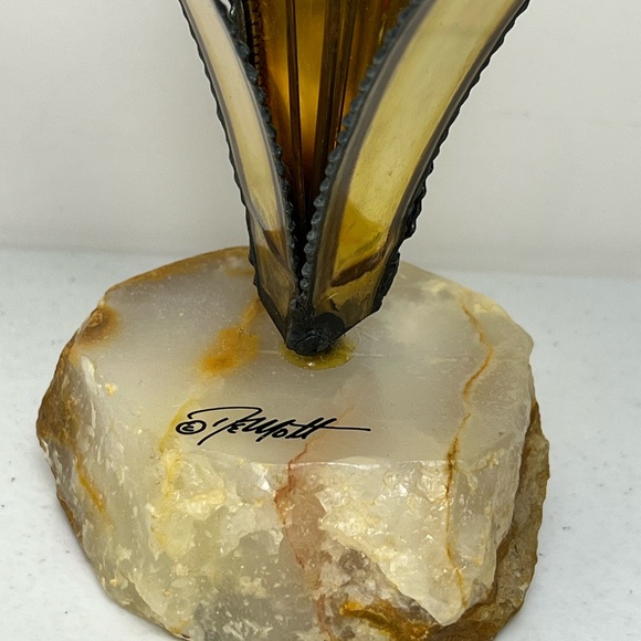 MCM Brutalist Floral Sculpture Brass Copper Signed John DeMott Onyx Base - Picture 3 of 15